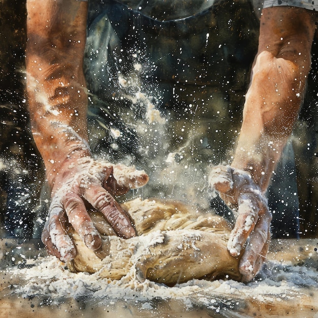 Hands kneading dough on wooden table